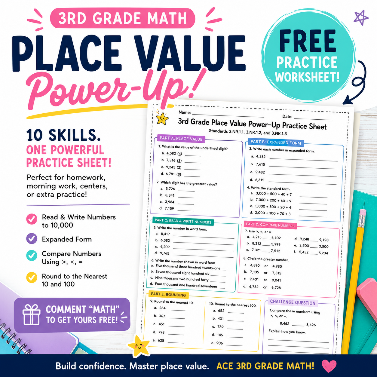 Free 3rd Grade Math Practice Sheet for Videos 1-10